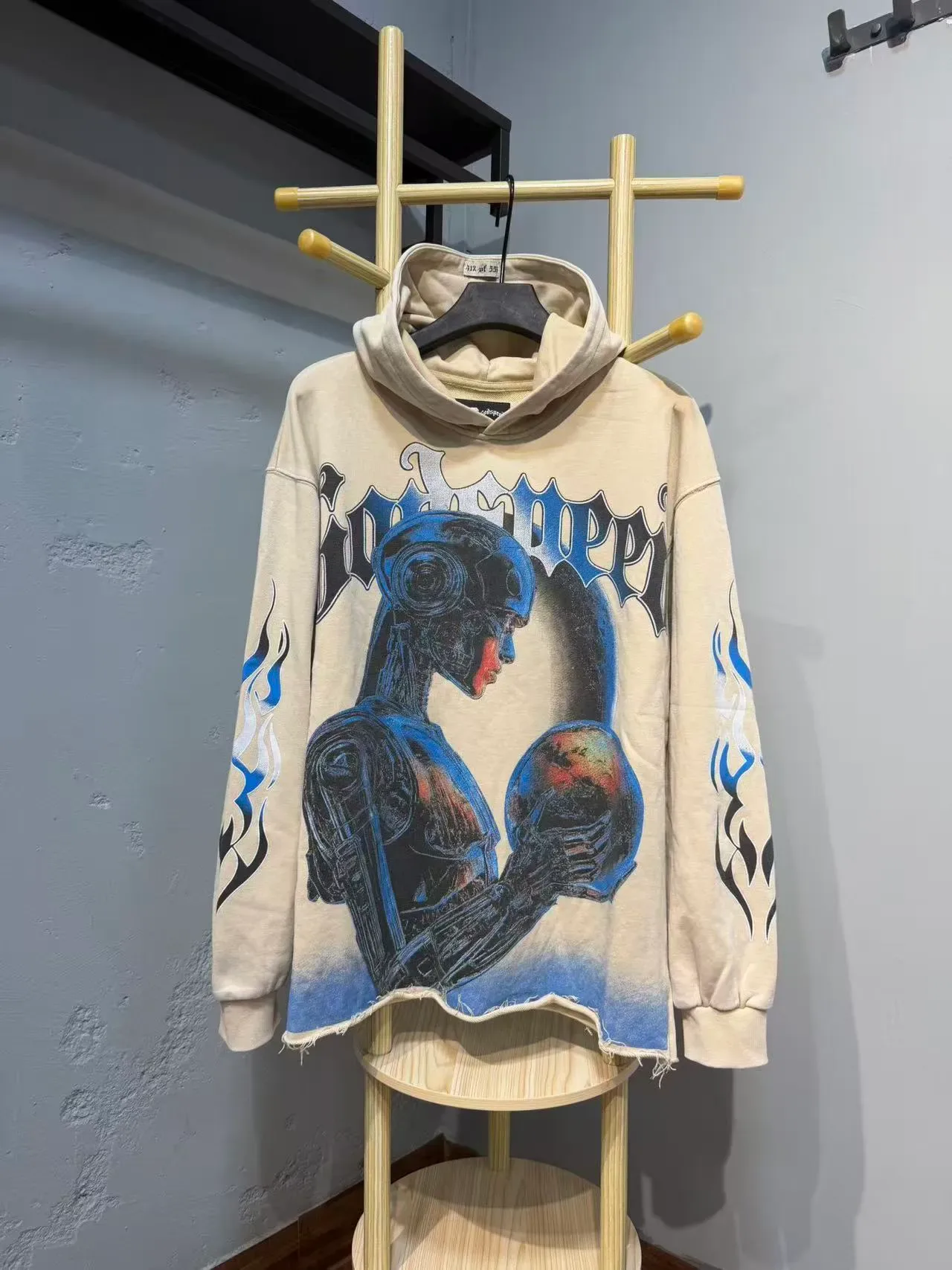 Beige Blue Oversized Fit Graphic-Print Front And Back Hoodie 6