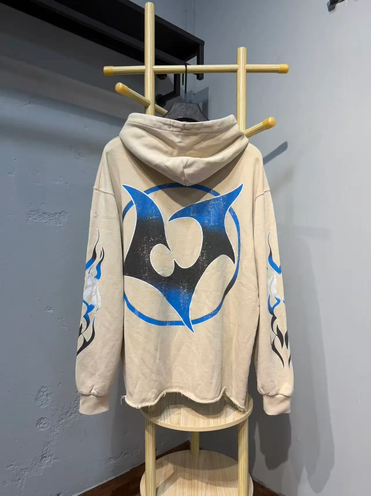 Beige Blue Oversized Fit Graphic-Print Front And Back Hoodie 7