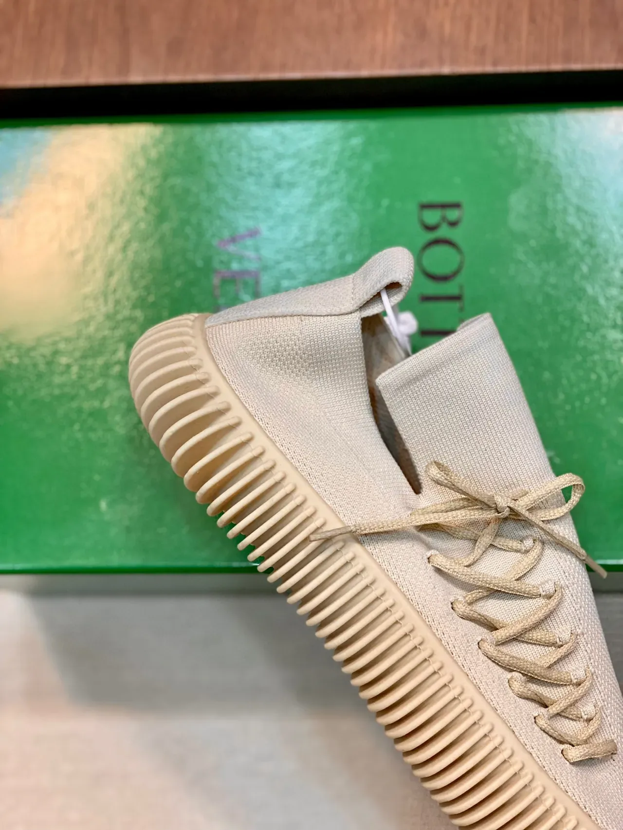 Beige Knit Upper Ribbed Sole Sneakers 4