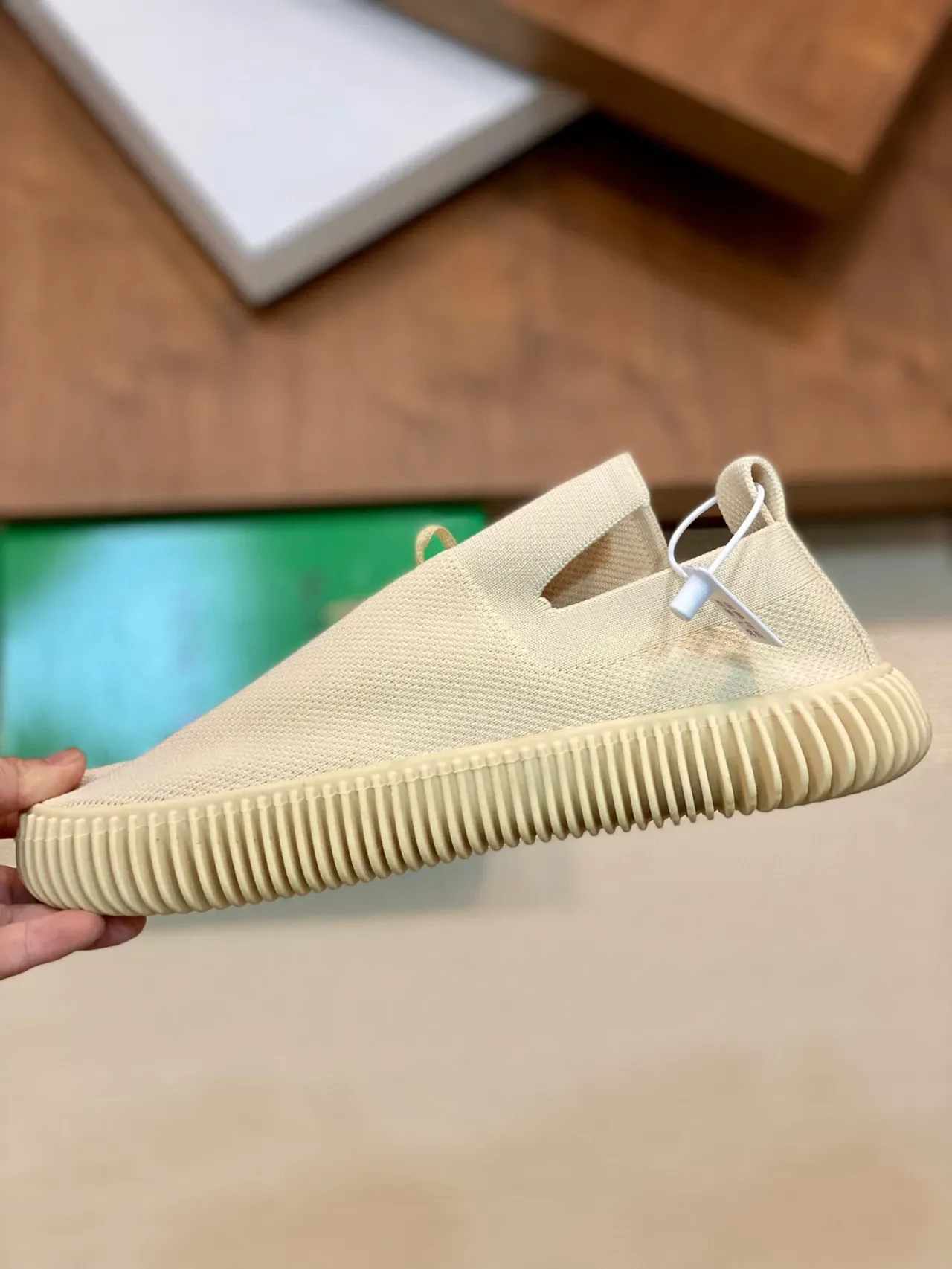Beige Knit Upper Ribbed Sole Sneakers 5