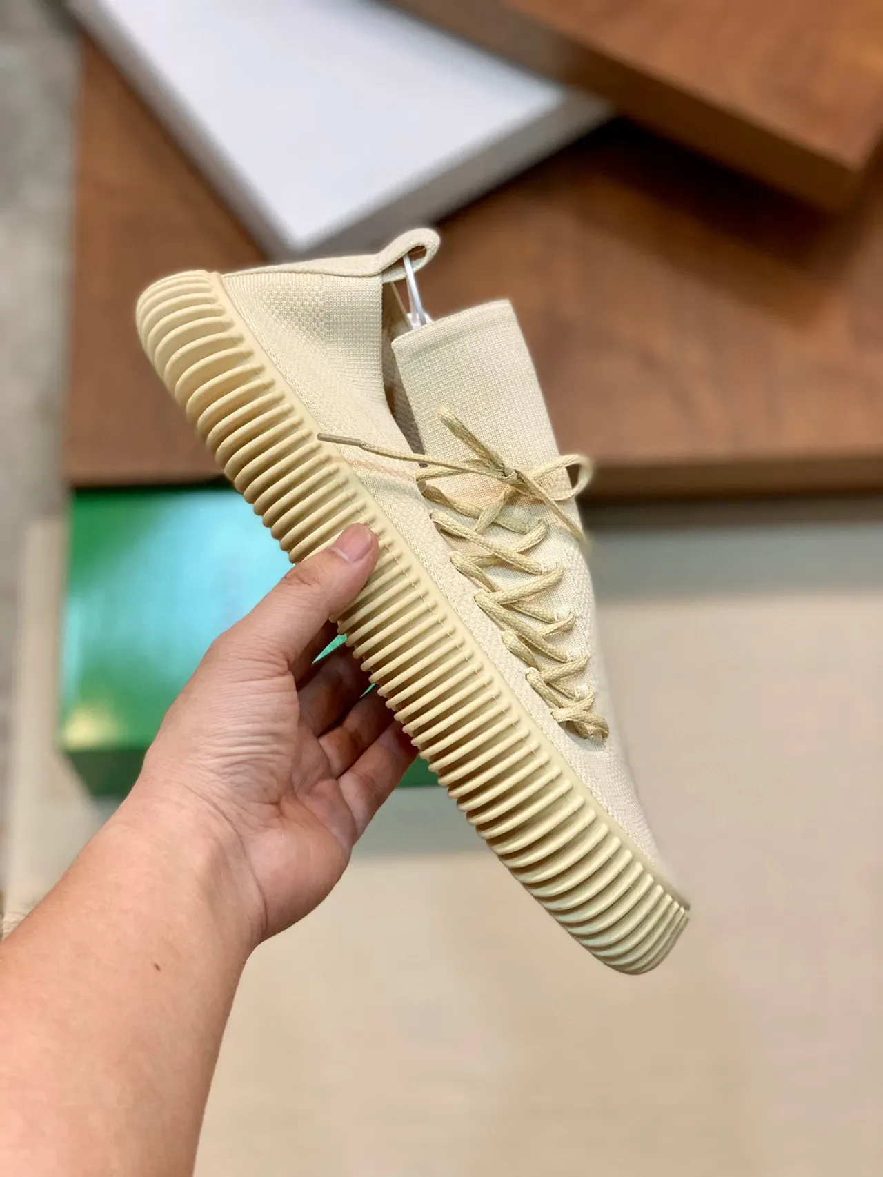 Beige Knit Upper Ribbed Sole Sneakers 7