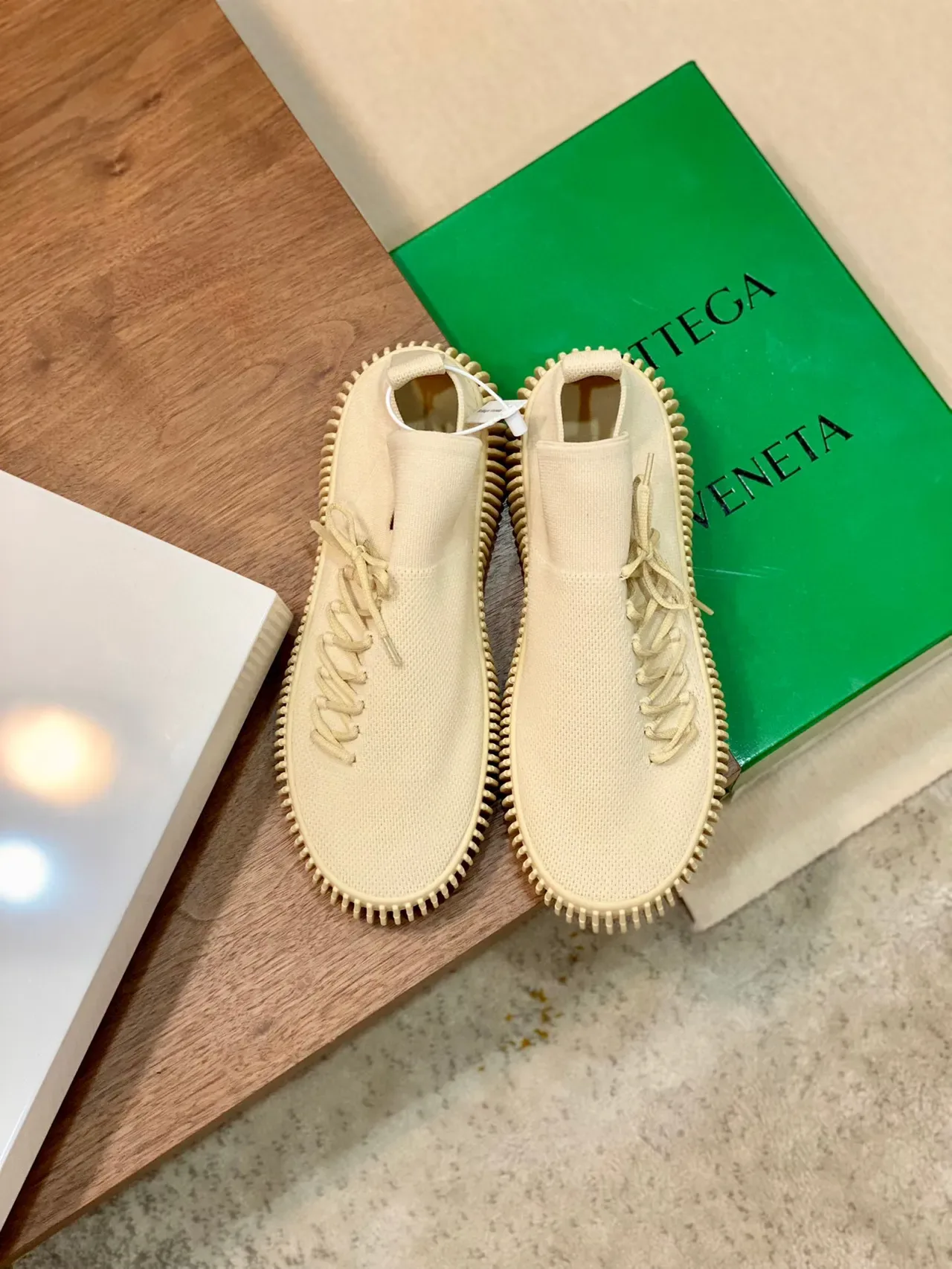 Beige Knit Upper Ribbed Sole Sneakers 8