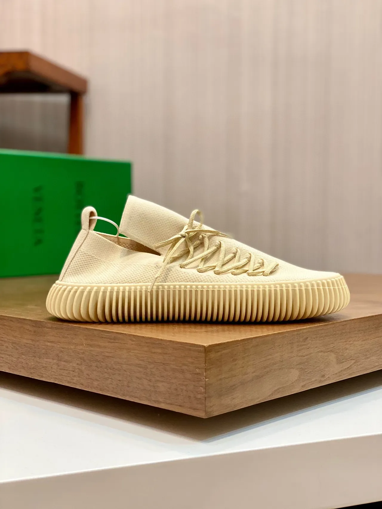 Beige Knit Upper Ribbed Sole Sneakers 9