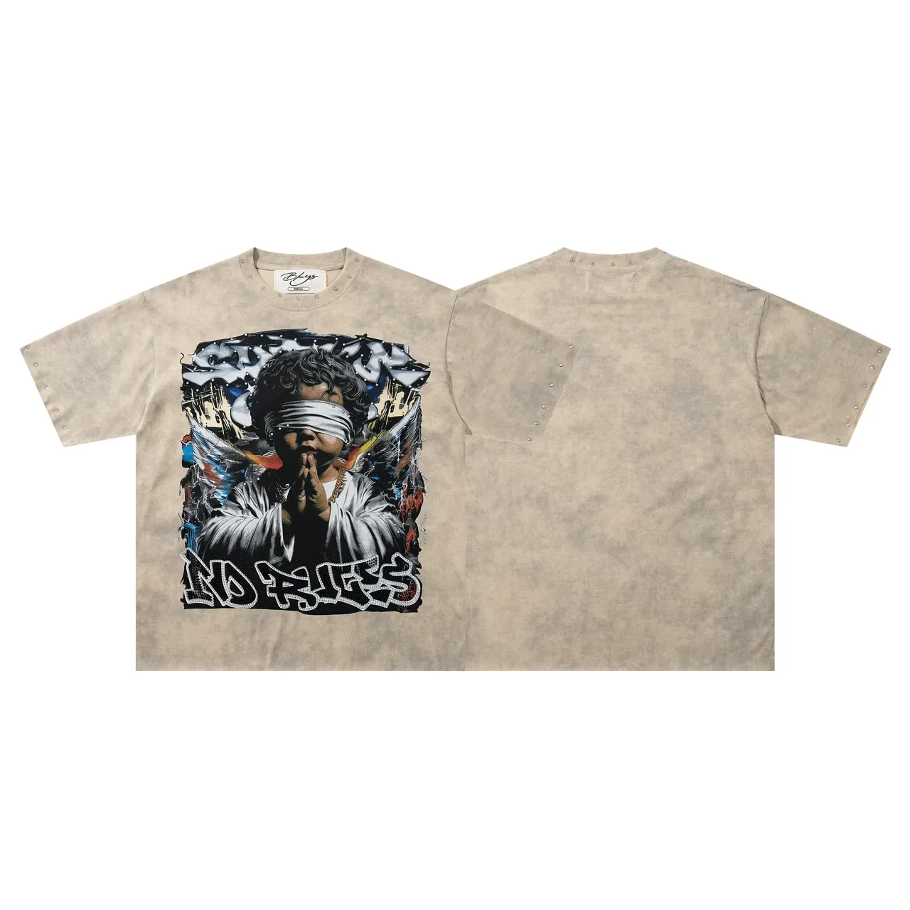 Beige Multicolor Distressed Graphic-Print Front Top 1