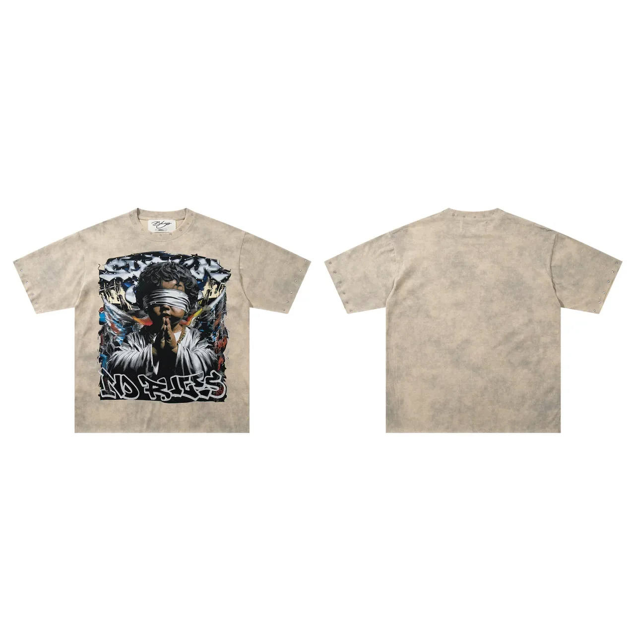 Beige Multicolor Distressed Graphic-Print Front Top 3