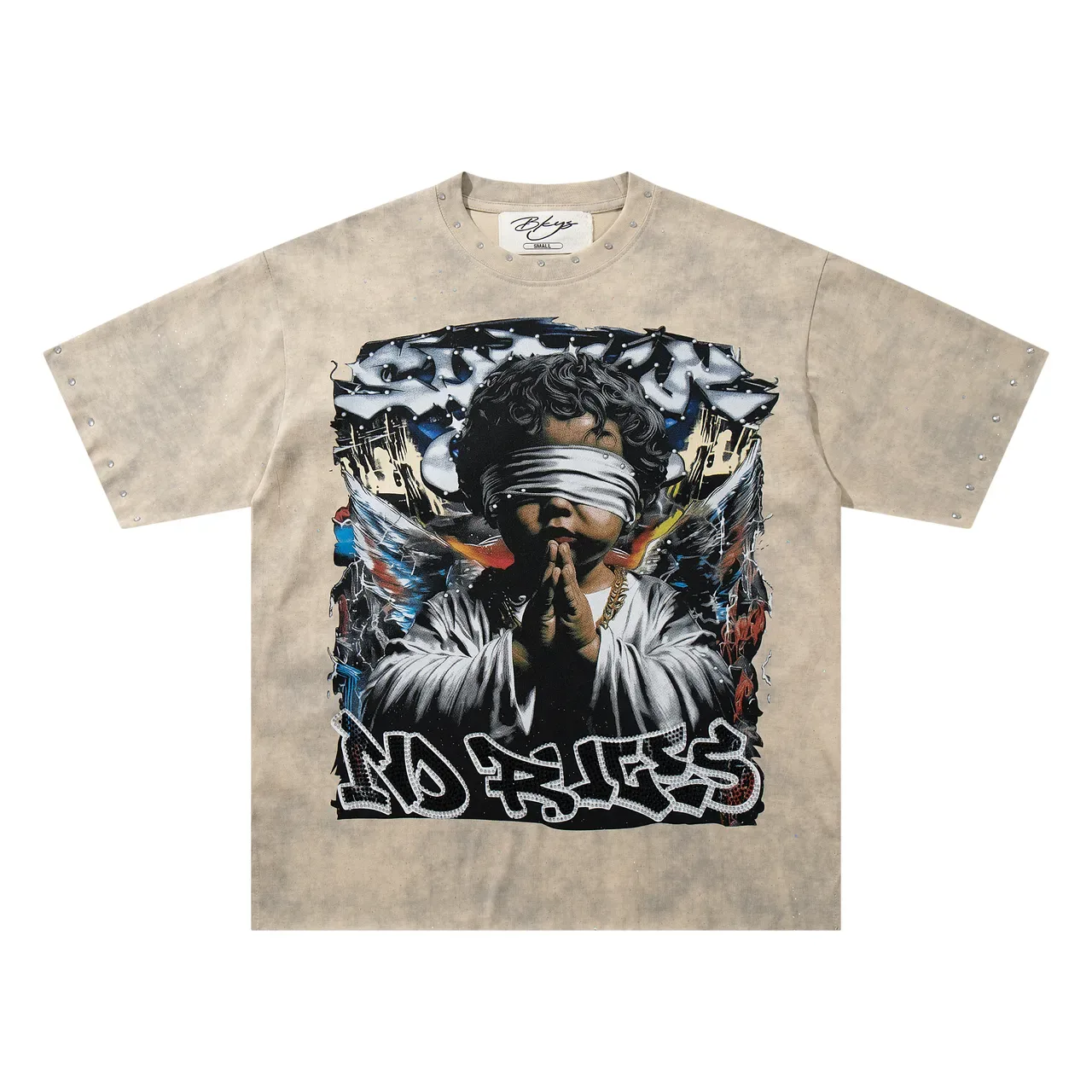 Beige Multicolor Distressed Graphic-Print Front Top 4