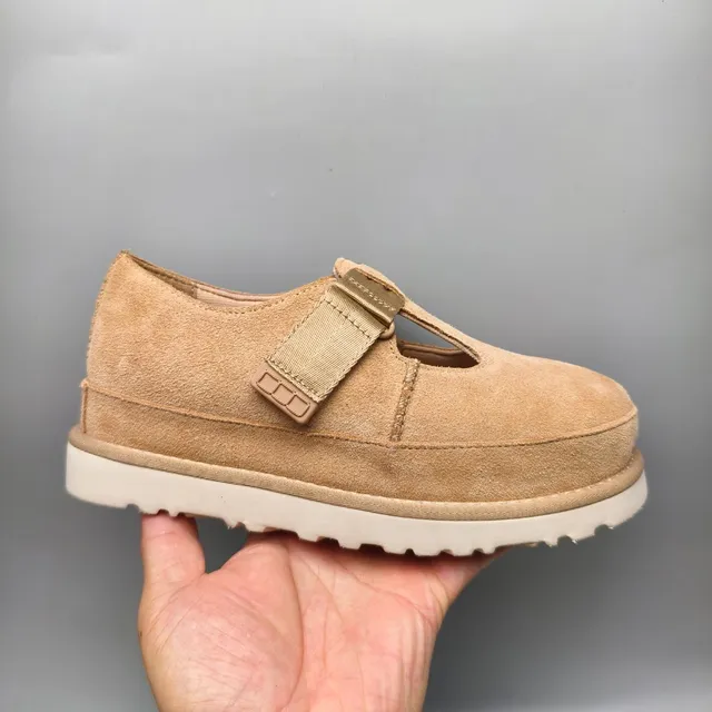 Beige Suede T-Strap Platform Mary Jane Shoes 2