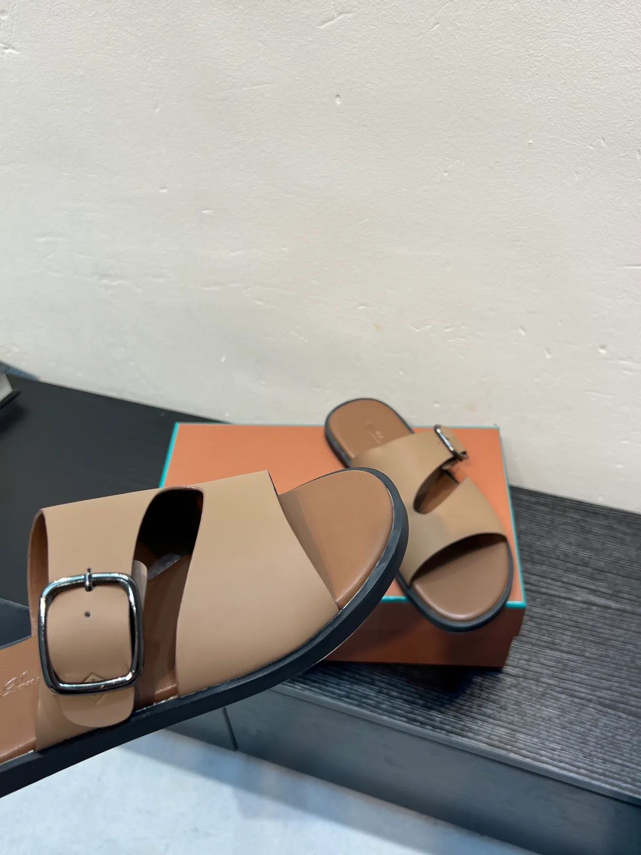 Beige Two-Strap Buckle Slide Casual Sandals 8