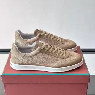 Tênis lifestyle bege de tecido e couro suede de cano baixo