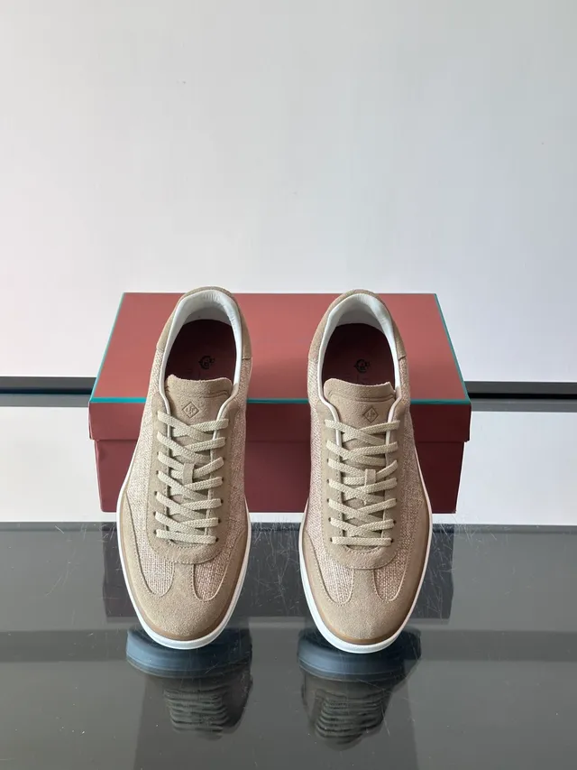 Beige Woven and Suede Low-Top Lifestyle Sneakers 4