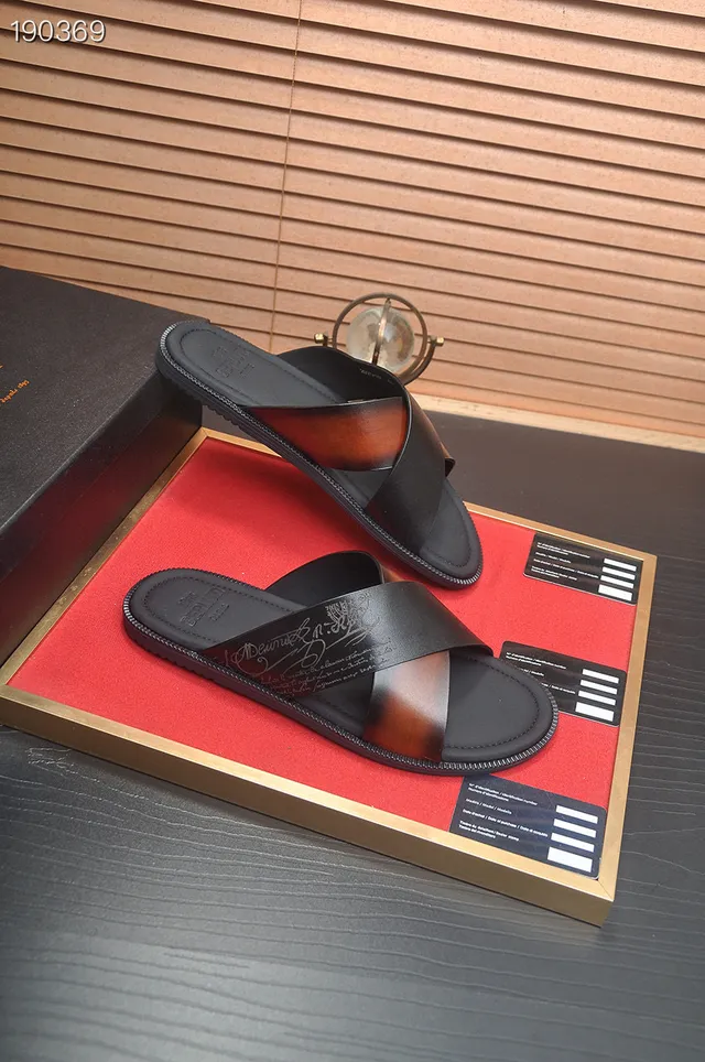 Berluti Black Brown Cross-Strap Leather Slippers 2