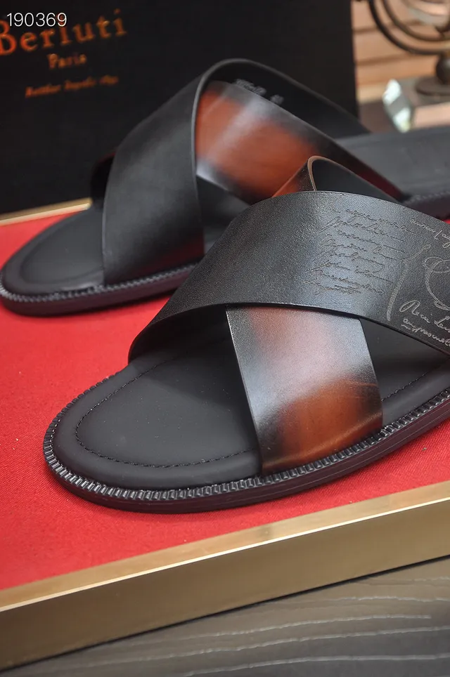 Berluti Black Brown Cross-Strap Leather Slippers 4