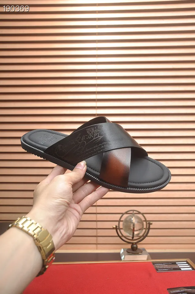 Berluti Black Brown Cross-Strap Leather Slippers 6