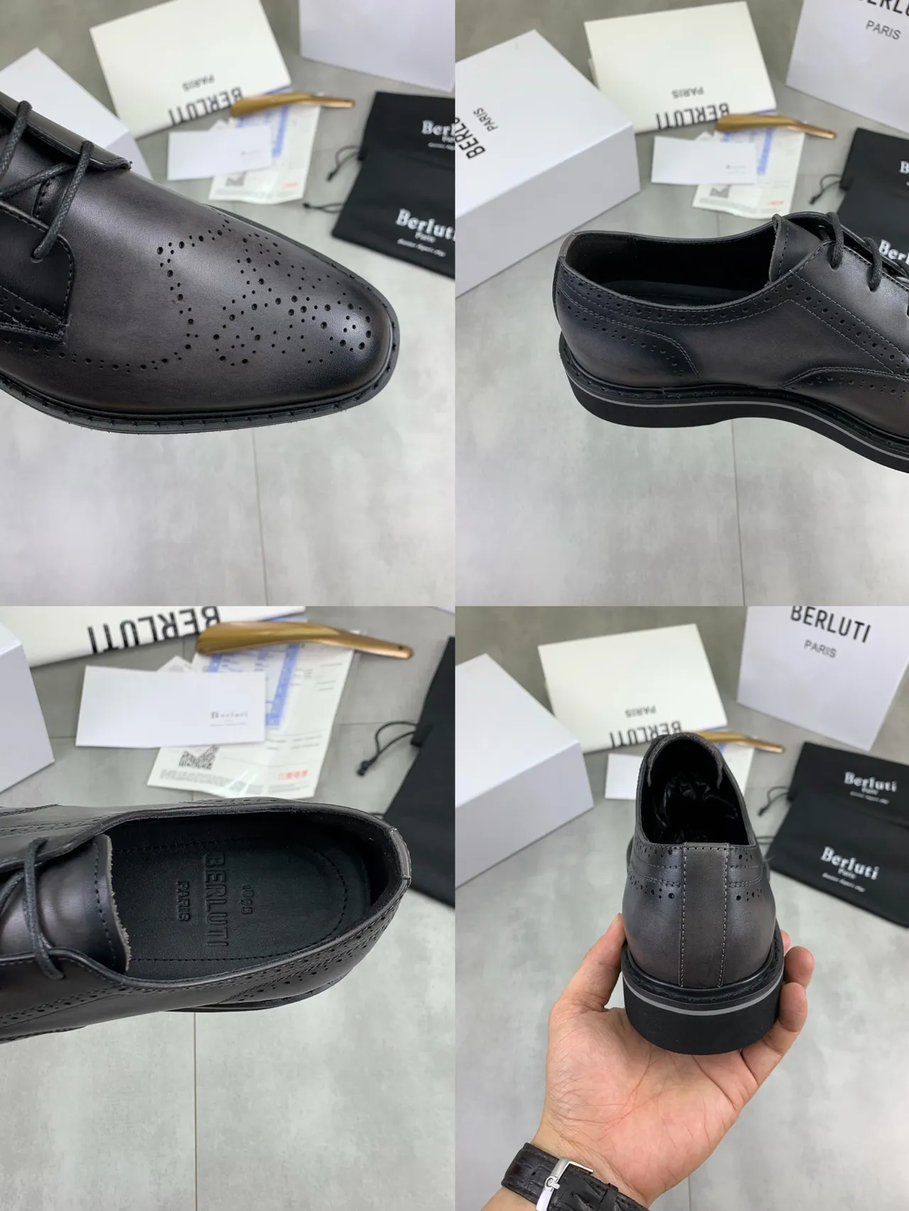BERLUTI Black Gray Wingtip Cap-Toe Construction Brogue 2