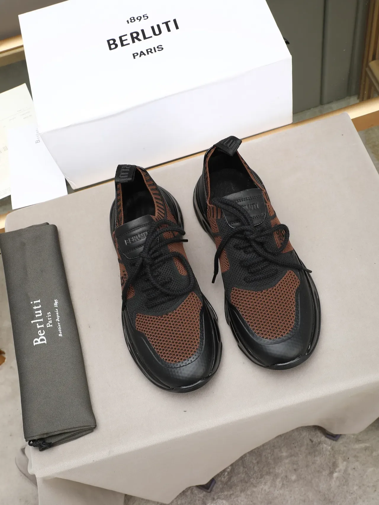 Berluti Marron Noir Tricot Maille Supérieure Cuir Superpositions Style de Vie Sneakers 3