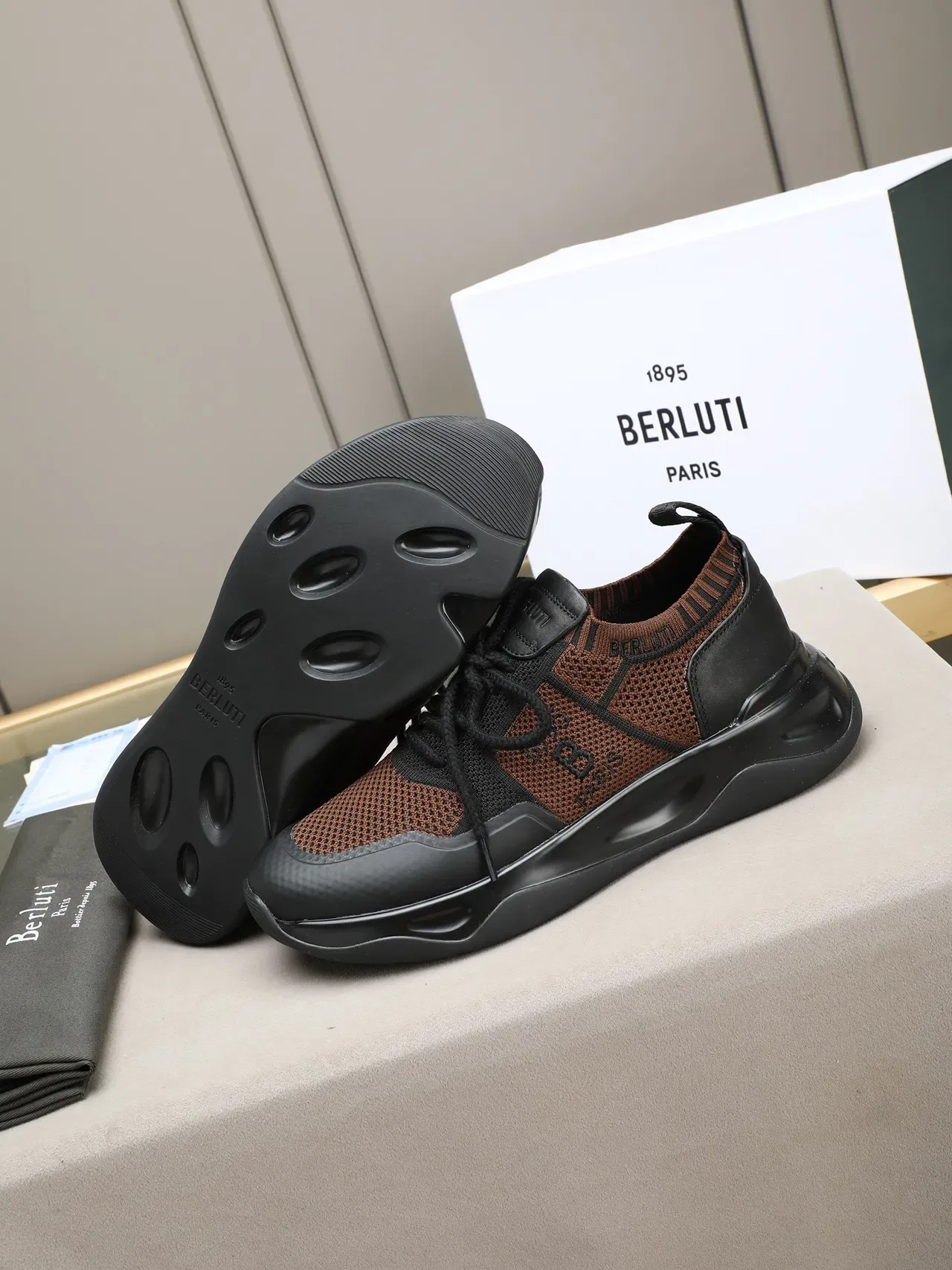 Berluti Marron Noir Tricot Maille Supérieure Cuir Superpositions Style de Vie Sneakers 4