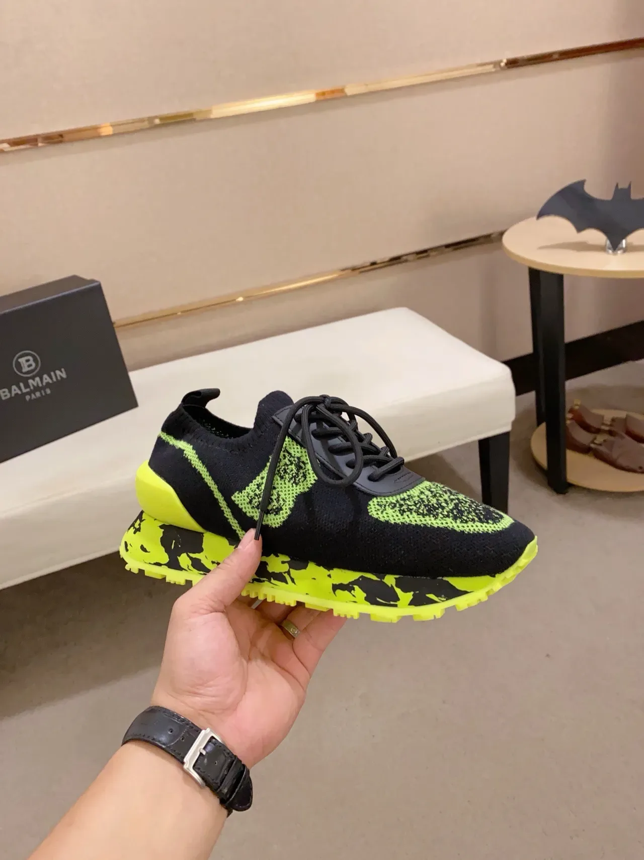 Black and Neon Lime Green Knit Sneaker 4