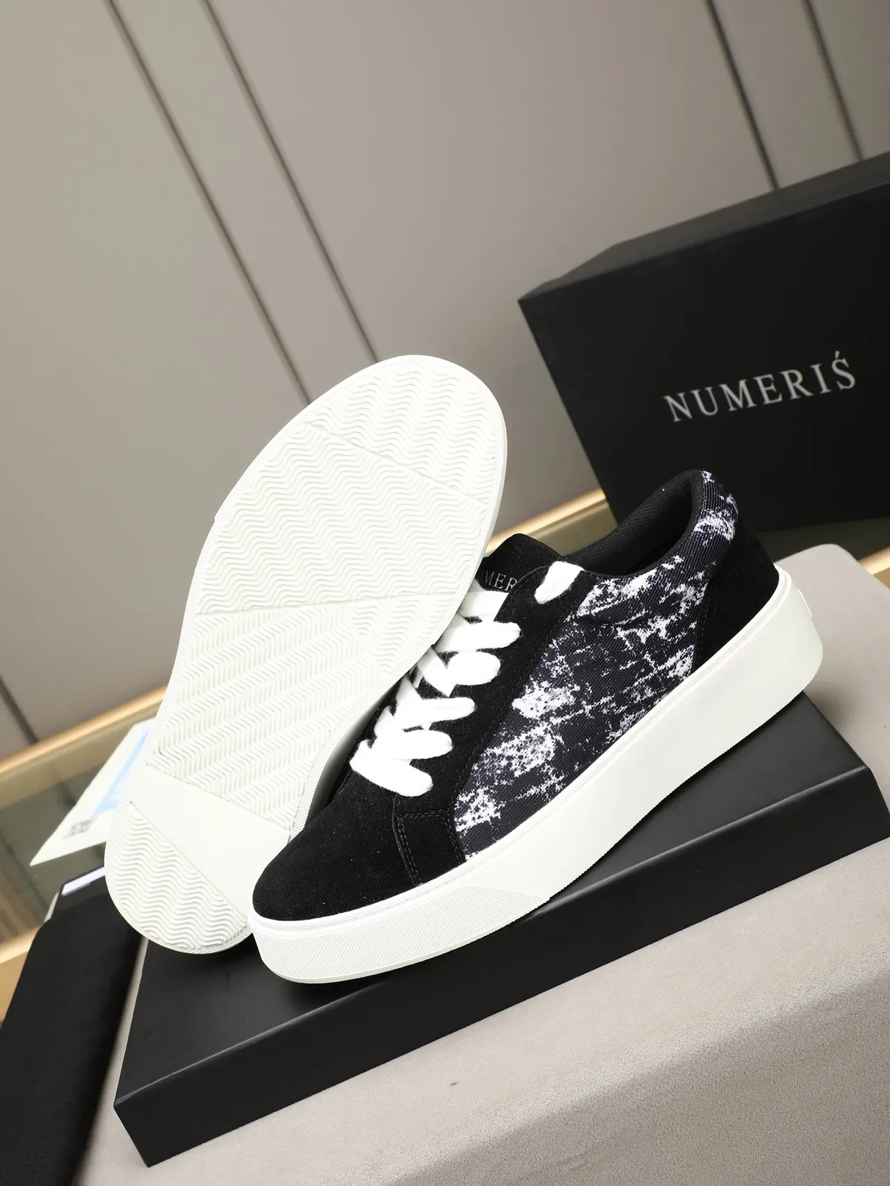 Black and White Abstract Print Suede Platform Lifestyle Sneaker 4