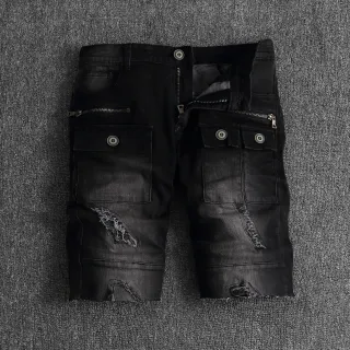 Black Distressed Cargo-Pocket Zipper-Accent Denim Shorts