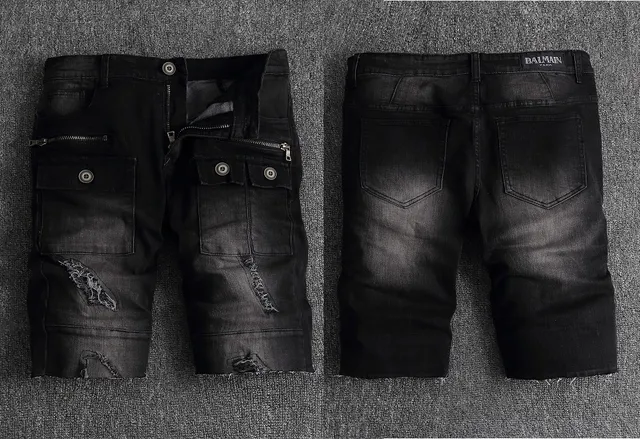 Black Distressed Cargo-Pocket Zipper-Accent Denim Shorts 2