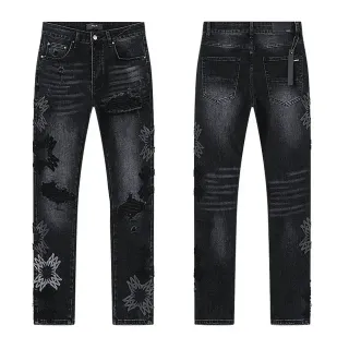 Black Distressed Embroidered Floral Slim-Fit Jeans