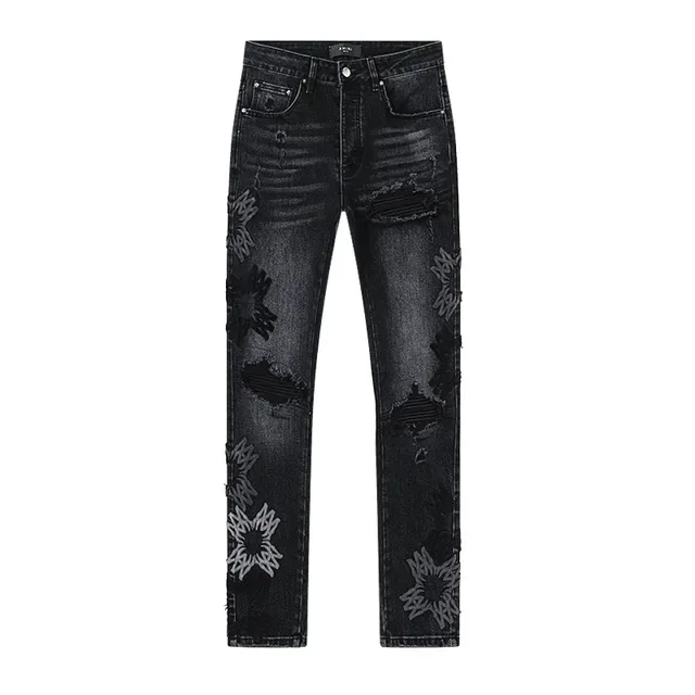 Black Distressed Embroidered Floral Slim-Fit Jeans 2