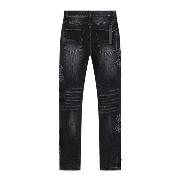 Black Distressed Embroidered Floral Slim-Fit Jeans 3