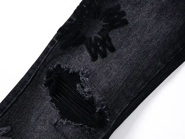 Black Distressed Embroidered Floral Slim-Fit Jeans 11
