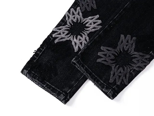 Black Distressed Embroidered Floral Slim-Fit Jeans 12