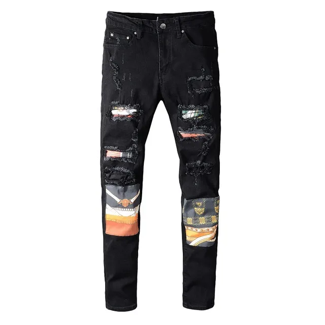 काला distressed patchwork slim-fit जीन्स 11