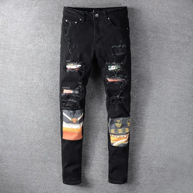 काला distressed patchwork slim-fit जीन्स 12