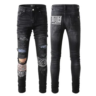 Black Distressed Slim-Fit Patch-Appliquéd Jeans
