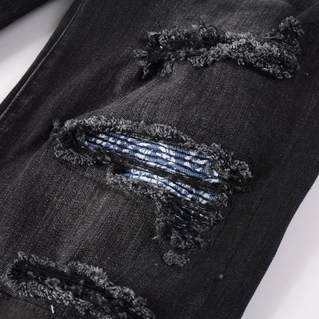 Black Distressed Slim-Fit Patch-Appliquéd Jeans 9