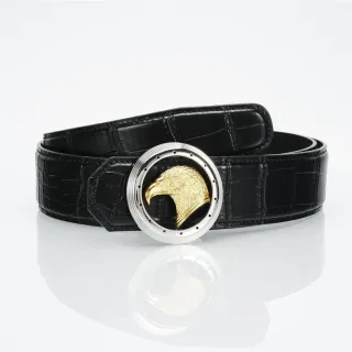 Black Gold Crocodile-Embossed Eagle Head Buckle Leather Belt