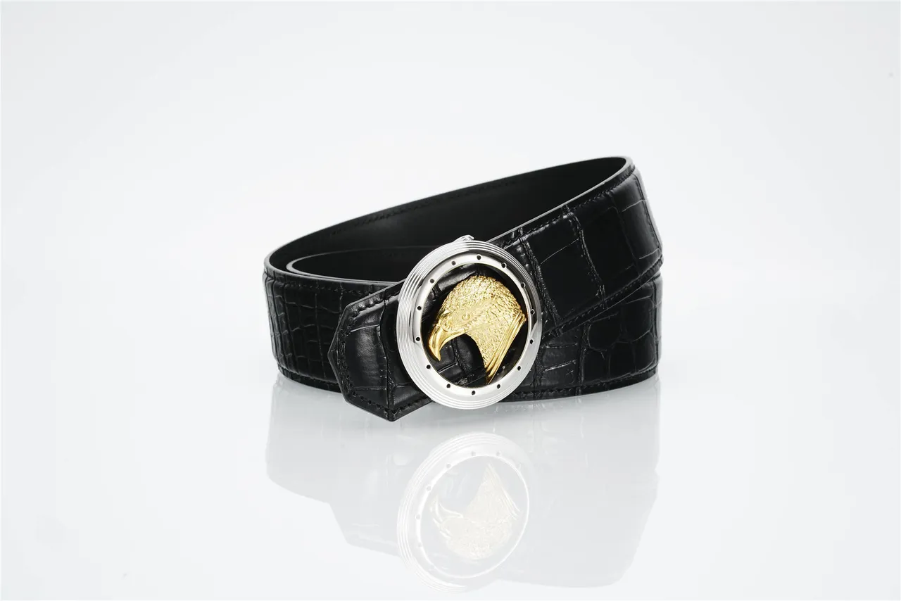 Black Gold Crocodile-Embossed Eagle Head Buckle Leather Belt 4
