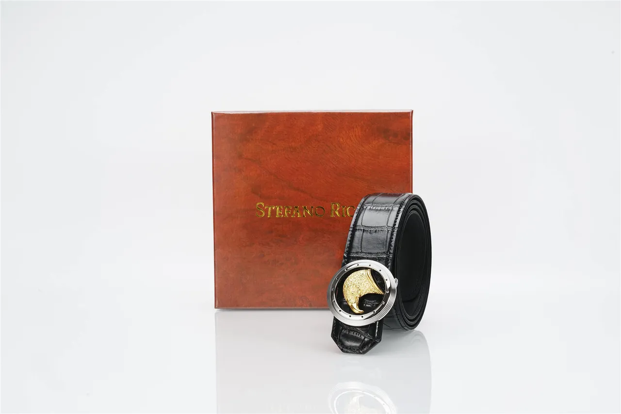 Black Gold Crocodile-Embossed Eagle Head Buckle Leather Belt 6