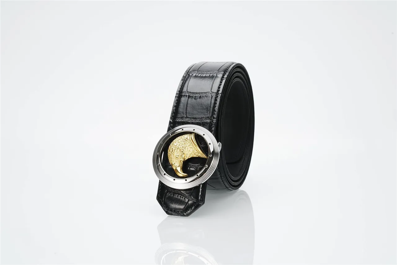 Black Gold Crocodile-Embossed Eagle Head Buckle Leather Belt 7