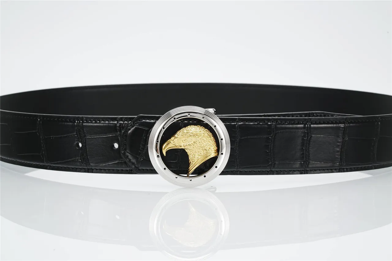 Black Gold Crocodile-Embossed Eagle Head Buckle Leather Belt 8