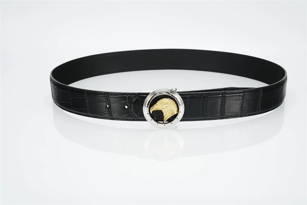 Black Gold Crocodile-Embossed Eagle Head Buckle Leather Belt 9