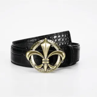 Black Gold Crocodile-Embossed Strap Antique Brass Fleur-De-Lis Buckle Leather Belt