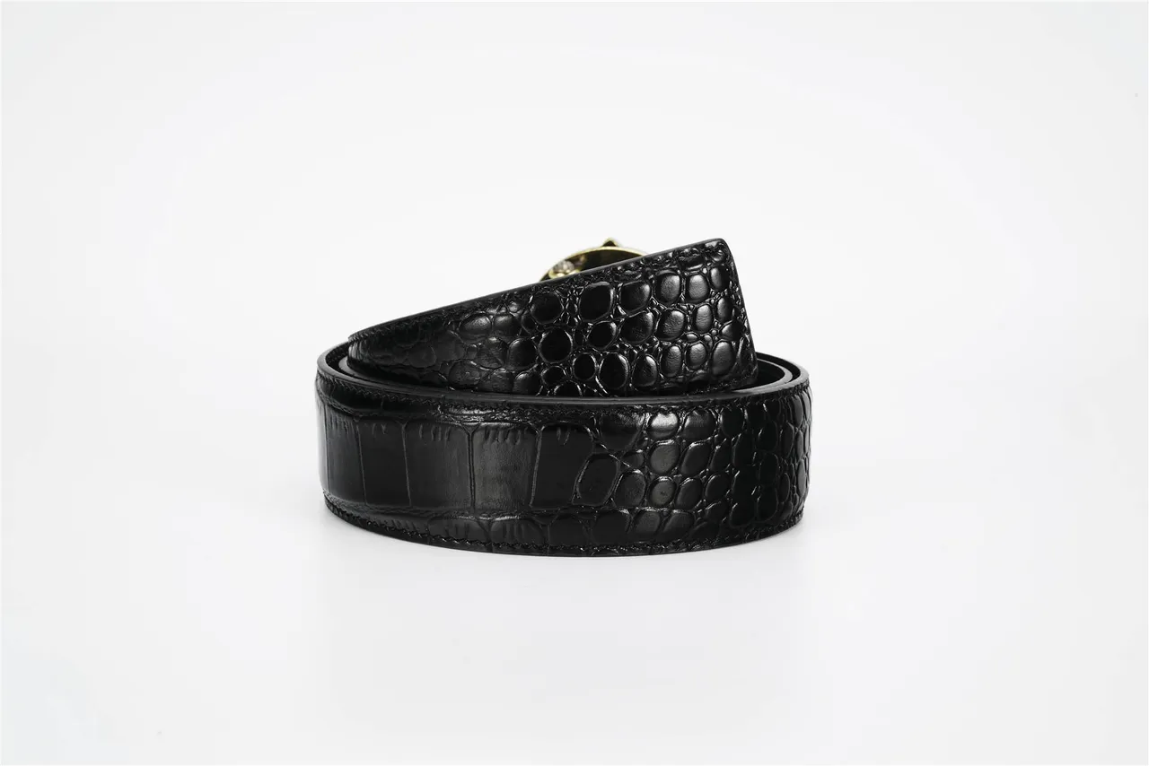 Black Gold Crocodile-Embossed Strap Antique Brass Fleur-De-Lis Buckle Leather Belt 3