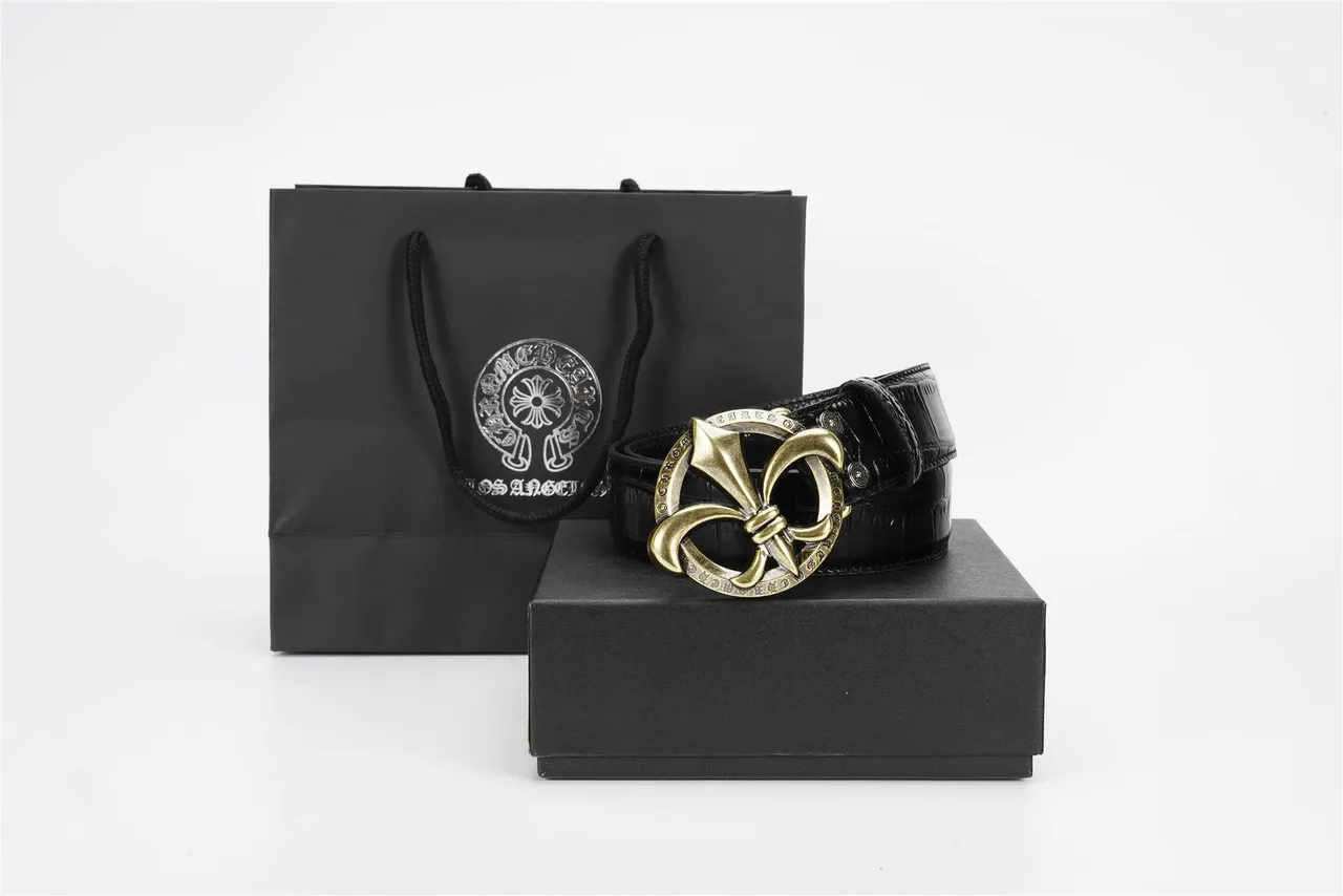 Black Gold Crocodile-Embossed Strap Antique Brass Fleur-De-Lis Buckle Leather Belt 4