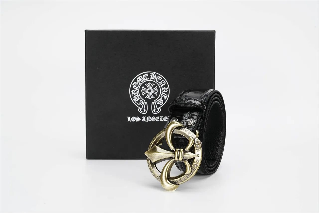 Black Gold Crocodile-Embossed Strap Antique Brass Fleur-De-Lis Buckle Leather Belt 5