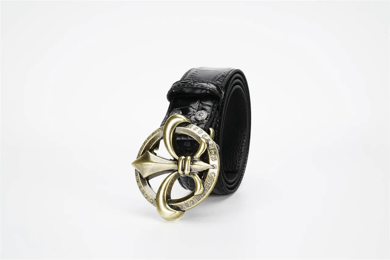 Black Gold Crocodile-Embossed Strap Antique Brass Fleur-De-Lis Buckle Leather Belt 6