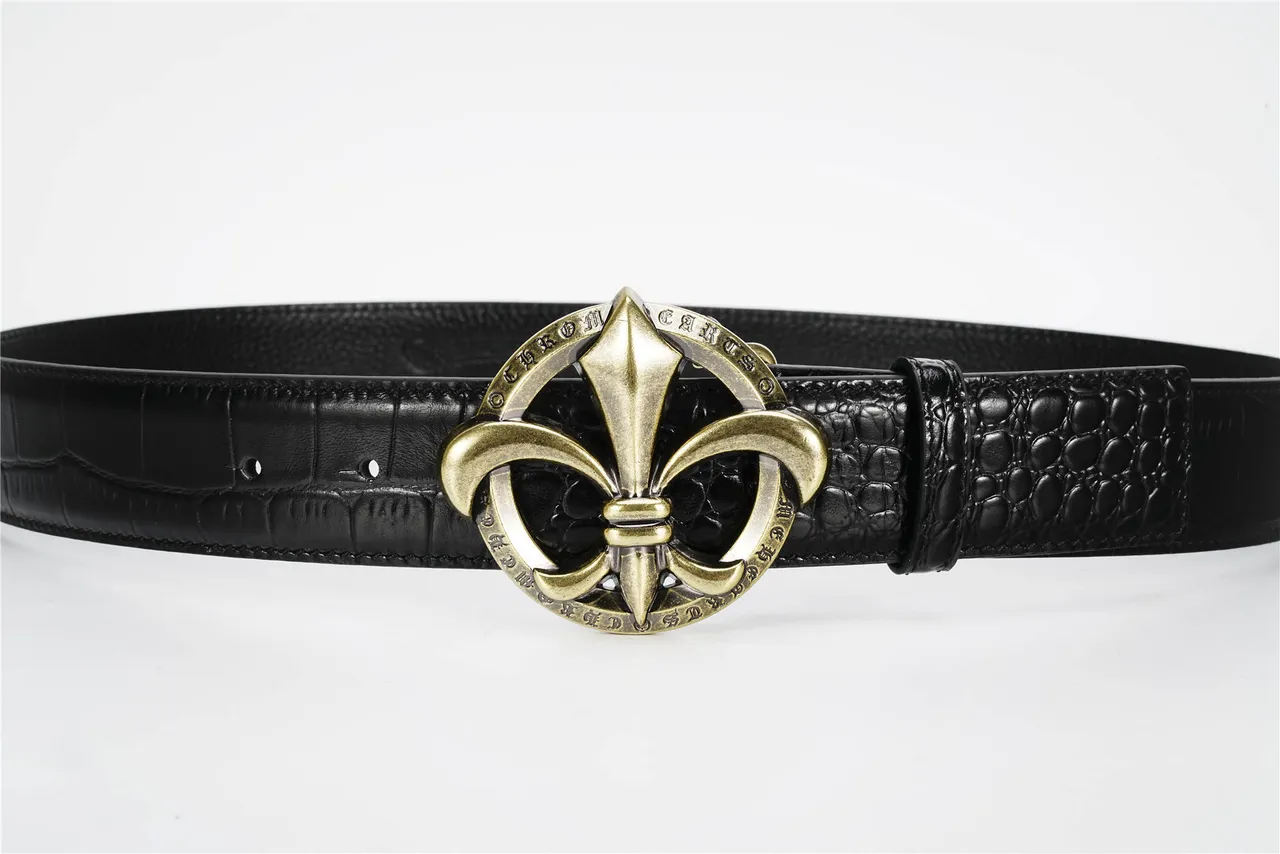 Black Gold Crocodile-Embossed Strap Antique Brass Fleur-De-Lis Buckle Leather Belt 8