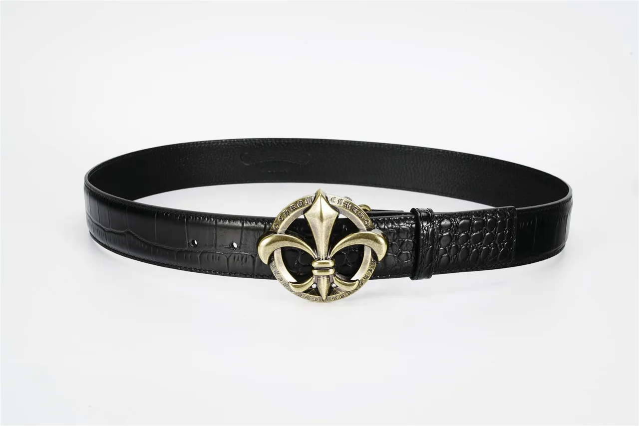 Black Gold Crocodile-Embossed Strap Antique Brass Fleur-De-Lis Buckle Leather Belt 9