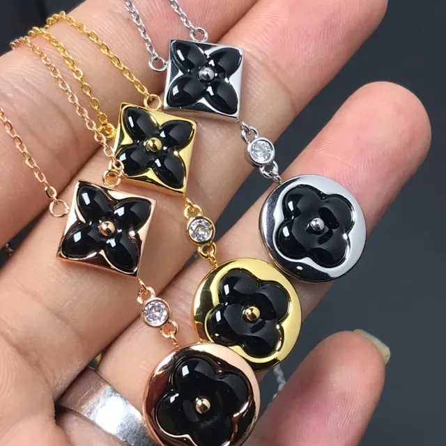 Black Gold Floral Quatrefoil Pendant Enamel Flower Necklace 4