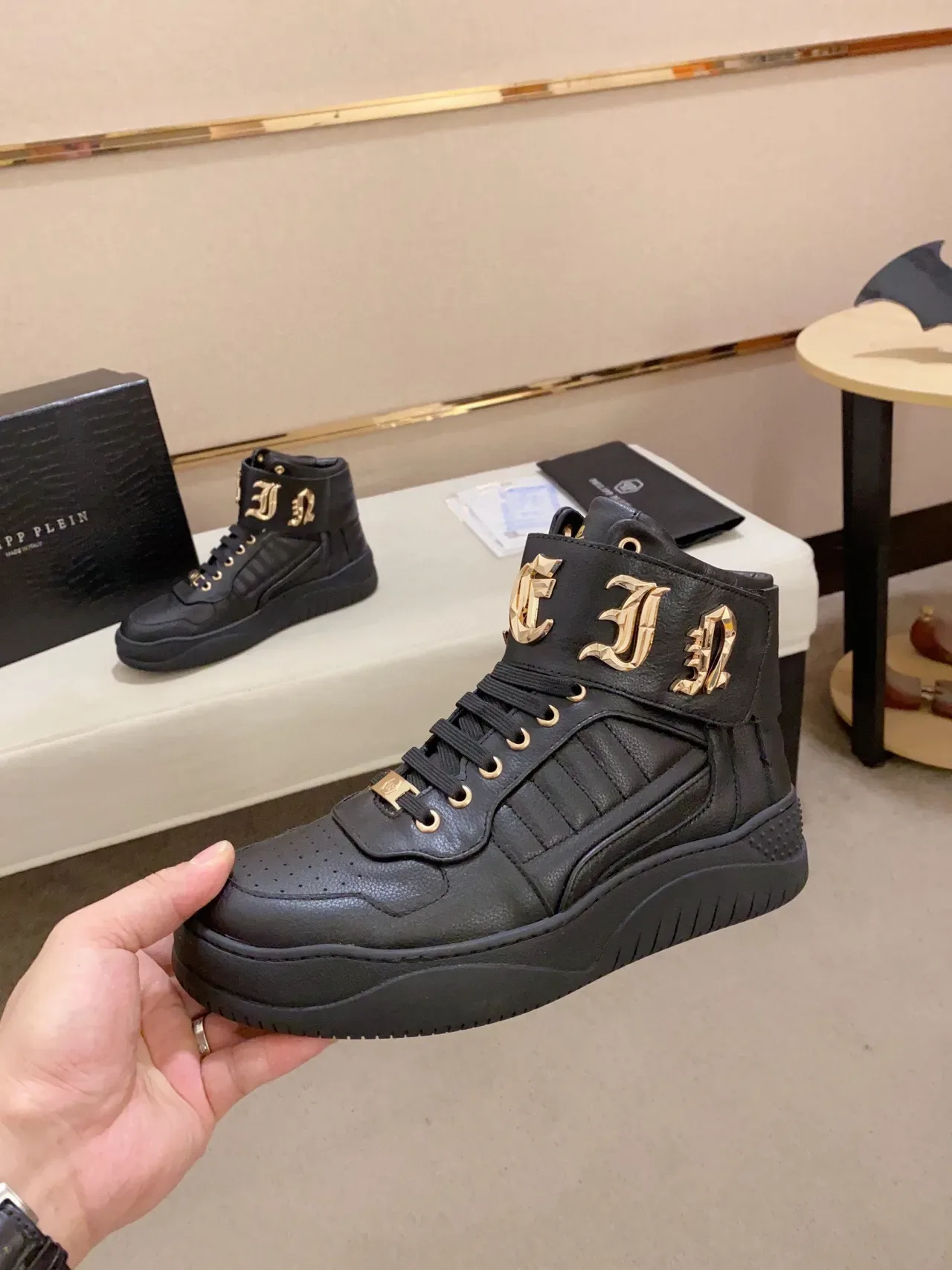 Black Gold High-Top Leather Sneakers 6
