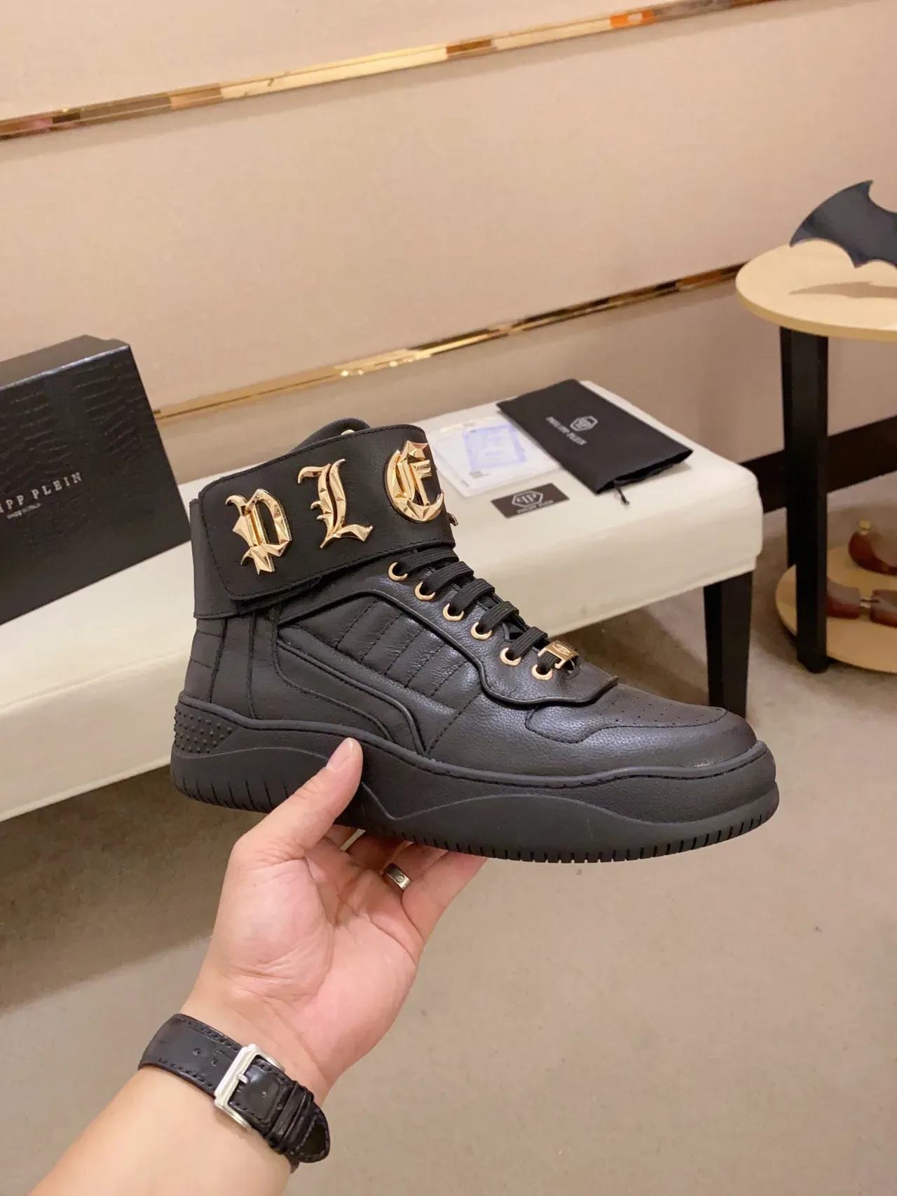 Black Gold High-Top Leather Sneakers 7