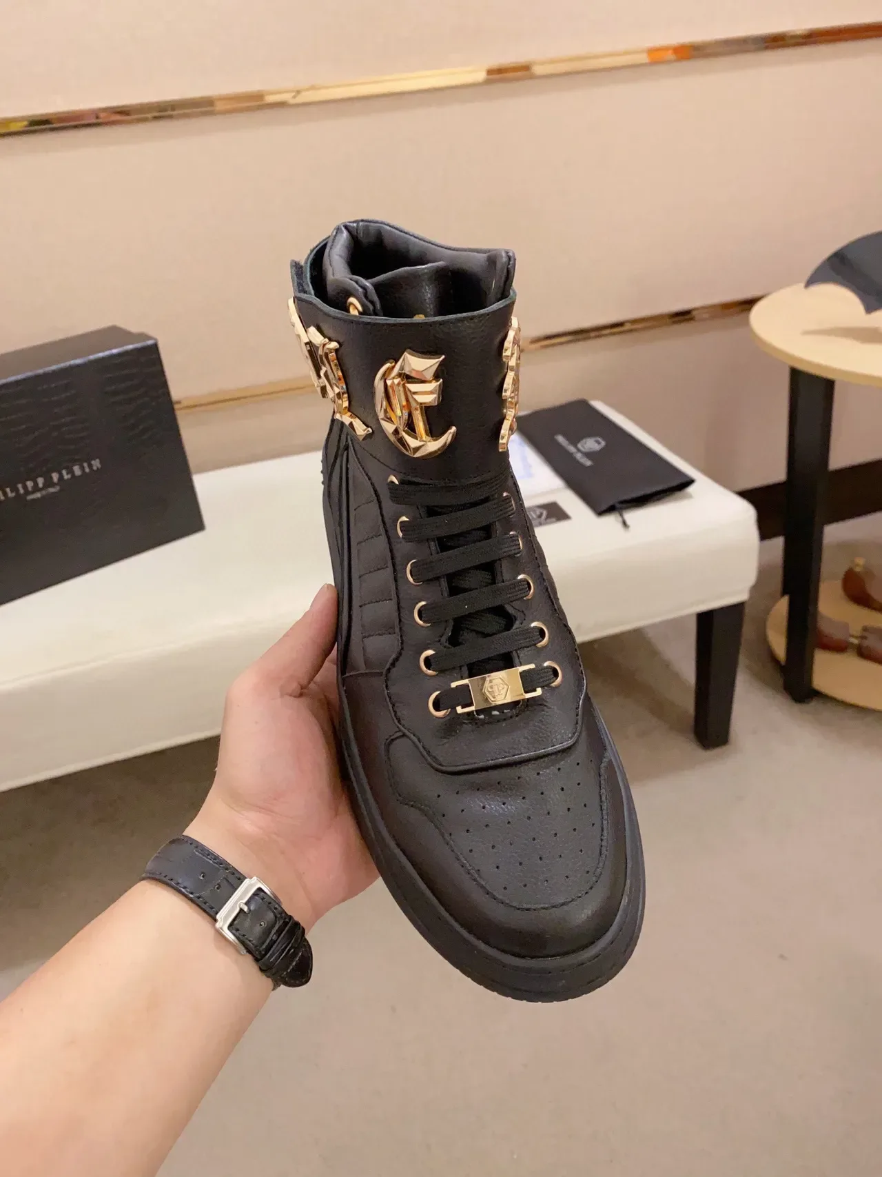 Black Gold High-Top Leather Sneakers 9